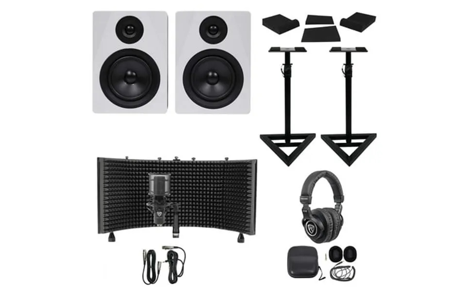 2 Rockville Apm5w 5.25 Active Studio Monitors Stands Mic Headphones Iso Shield