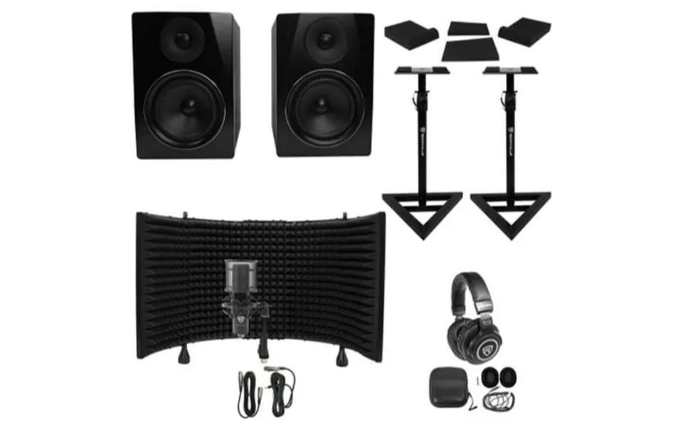 2 Rockville Apm6b 6.5 Active Studio Monitors Stands Mic Headphones Iso Shield