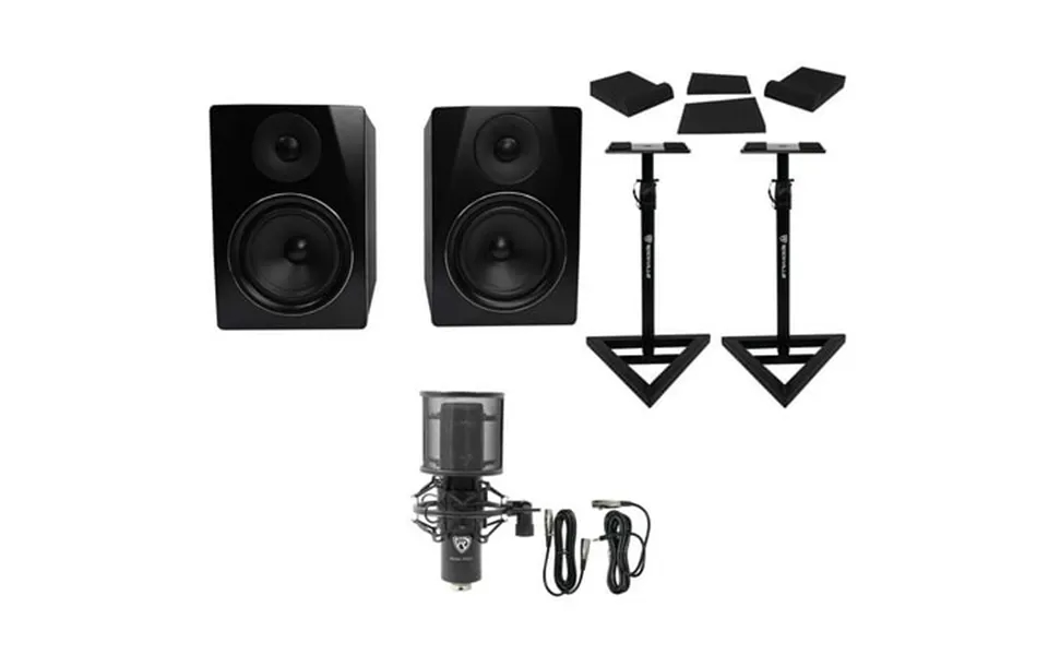 2 Rockville Apm6b 6.5 Powered Usb Studio Monitors Stands Pads Condenser Mic