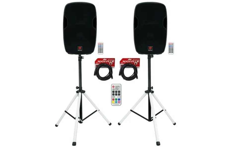 2 Rockville Bpa15 15 Powered 800w Dj Pa Speakers Wbluetooth Led Stands Cables