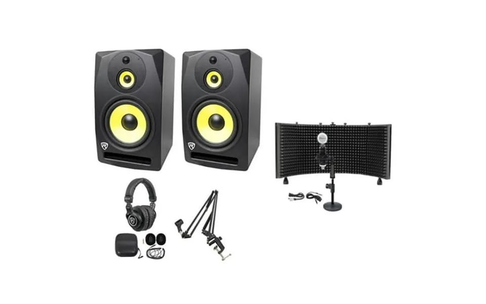2 Rockville Dpm10b 10 Inches 800 Watt Active Studio Monitors Headphones Mic Shield Boom