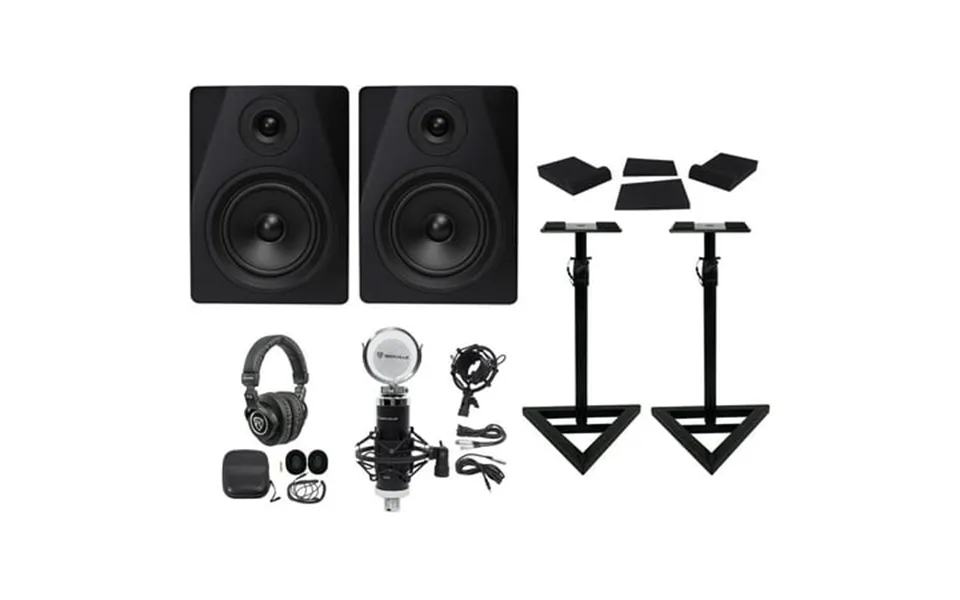 2 Rockville Dpm5b 5.25 300w Dual Active Studio Monitors Stands Headphones Mic