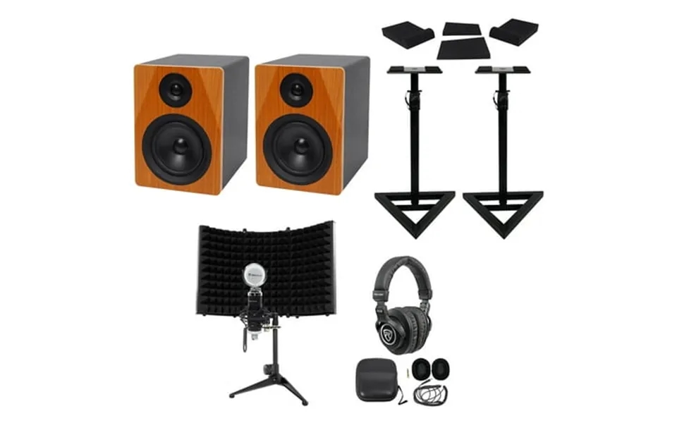 2 Rockville Dpm5c 5.25 300 Watt Studio Monitors Stands Headphones Mic Shield