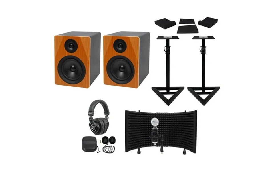 2 Rockville Dpm5c 5.25 300w Active Studio Monitors Stands Headphones Mic Shield