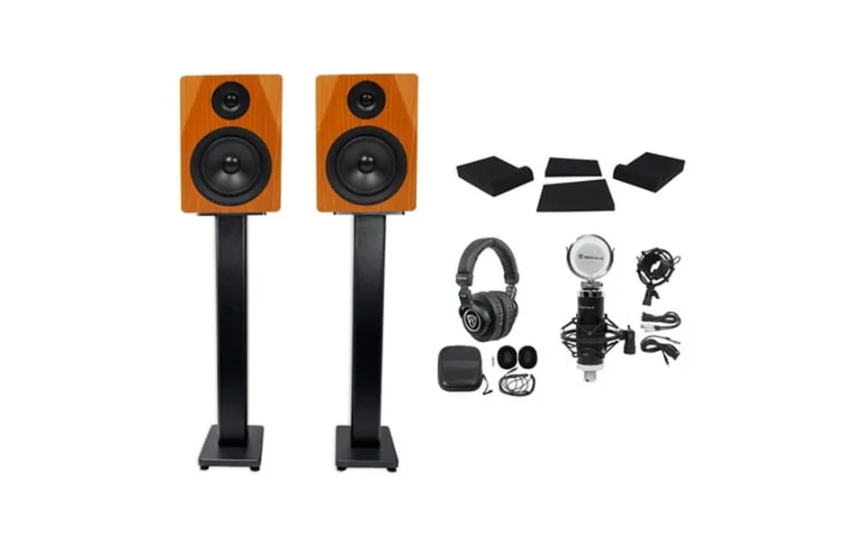 2 Rockville Dpm5c 5.25 300w Dual Active Studio Monitors Stands Headphones Mic