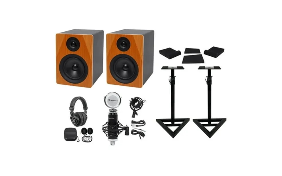 2 Rockville Dpm5c 5.25 300w Dual Active Studio Monitors Stands Headphones Mic