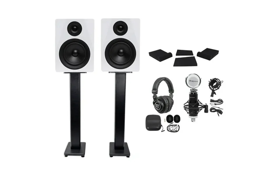 2 Rockville Dpm5w 5.25 300w Dual Active Studio Monitors Stands Headphones Mic