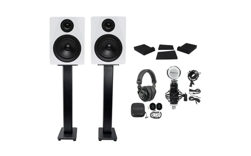 2 Rockville Dpm5w 5.25 300w Dual Active Studio Monitors Stands Headphones Mic