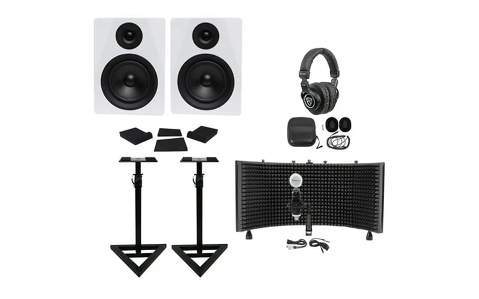 2 Rockville Dpm5w 5.25 300w Studio Monitors Stands Headphones Mic Shield