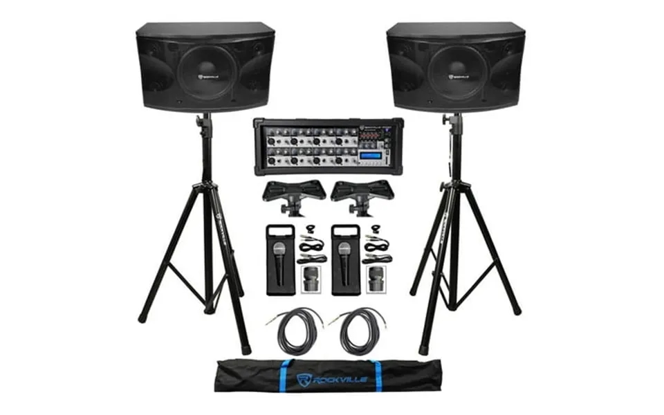 2 Rockville Kps12 12 3-way 1600w Karaoke Speakers Mixer Tripod Stands 2 Mics