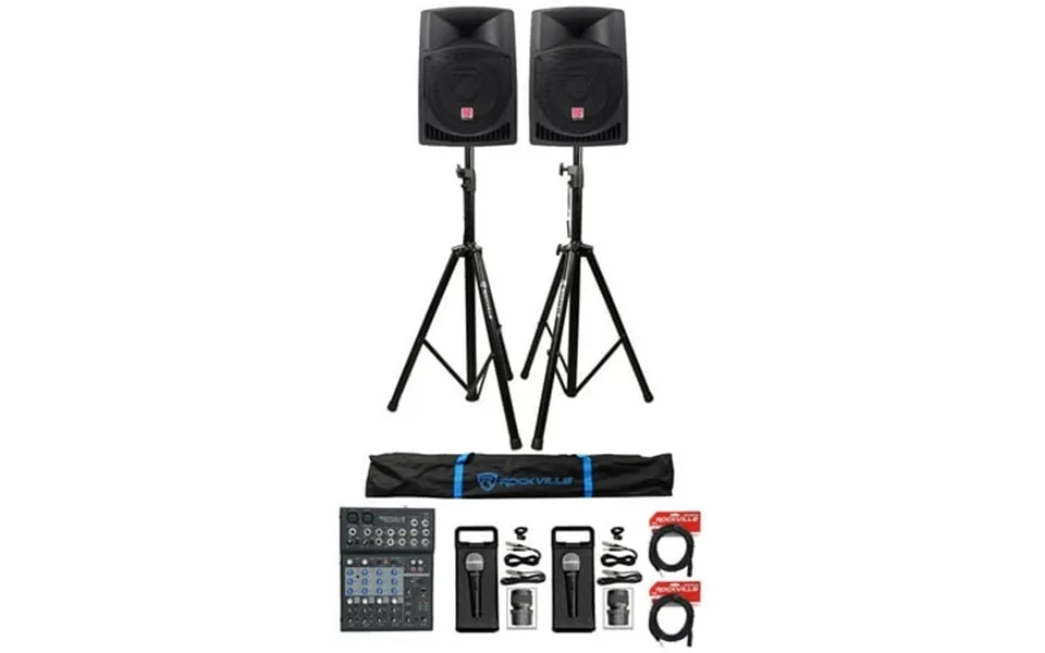 2 Rockville Rpg12 12 Powered 800w Dj Pa Speakers Stands Mixer Microphones
