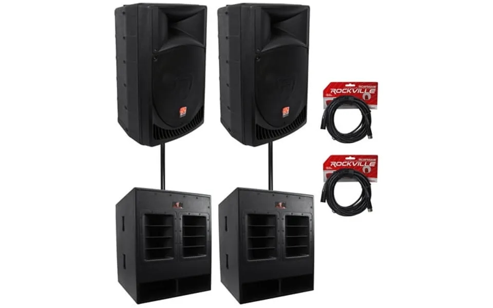 2 Rockville Rpg15 15 Powered 1000w Dj Pa Speakers 18 Subs Poles Cables
