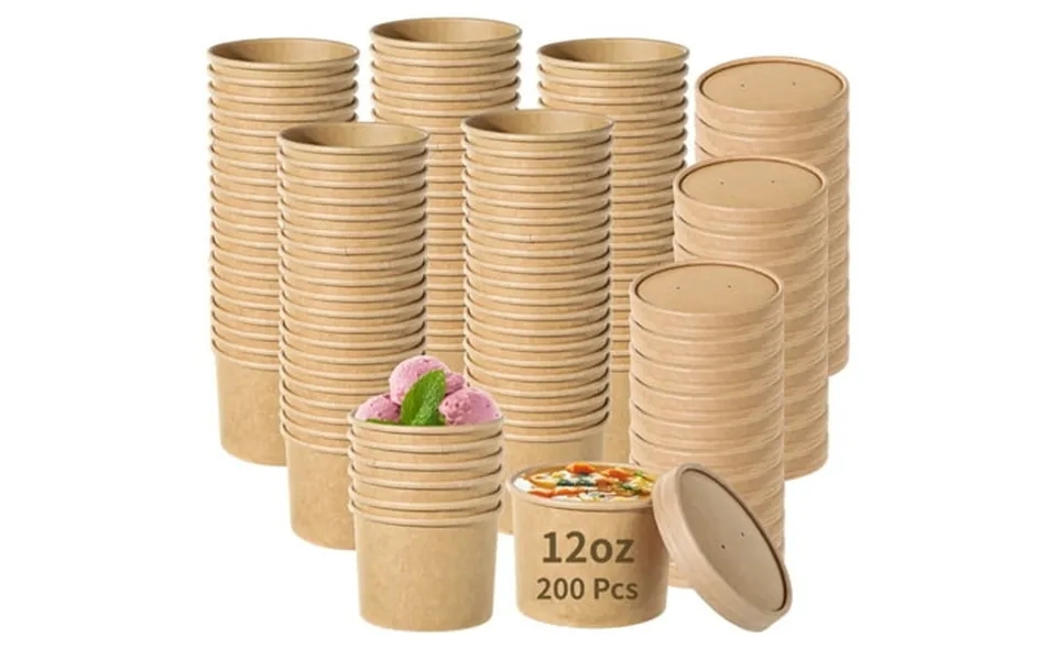 200 Pcs 12oz Soup Containers Disposable Kraft Paper Cups With Vented Lids To Go Ice Cream Bowls Food Storage Containers