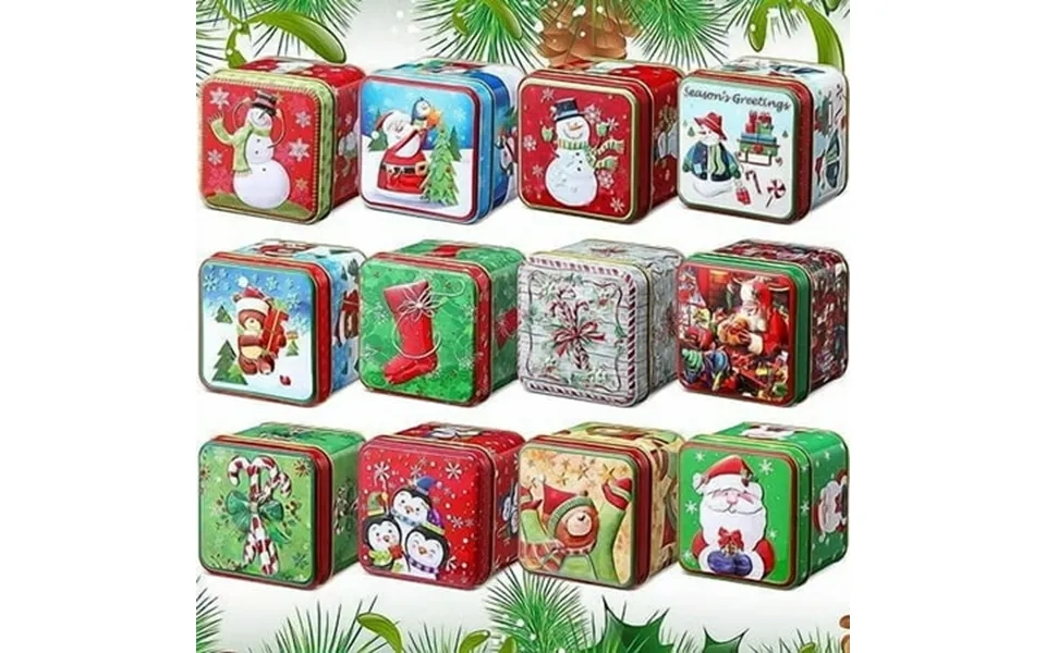 24 Pcs Christmas Cookie Tins With Lids 12 Styles Square Xmas Candy Tin Set Small Metal Candy Box Mini Tinplate Cookie Ca