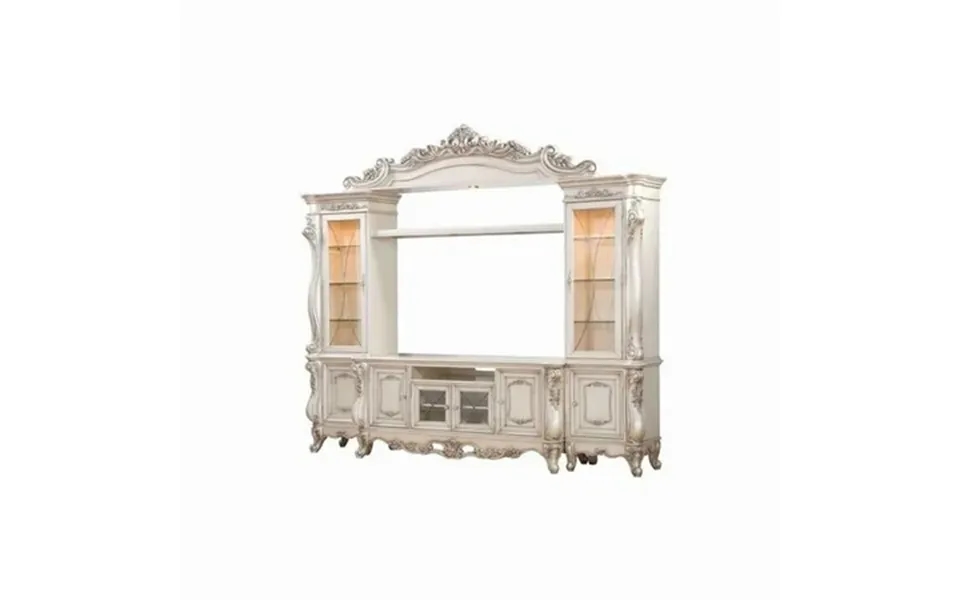 25 X 117 X 101 In. Antique White Wood Glass Poly-resin Entertainment Center Credenza