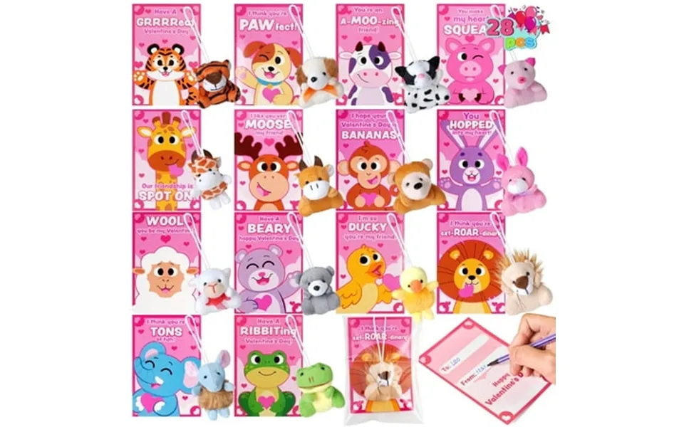 28 Pack Valentines Kid Cards With Mini Plush Animals Toys Valentines Day Gifts For School