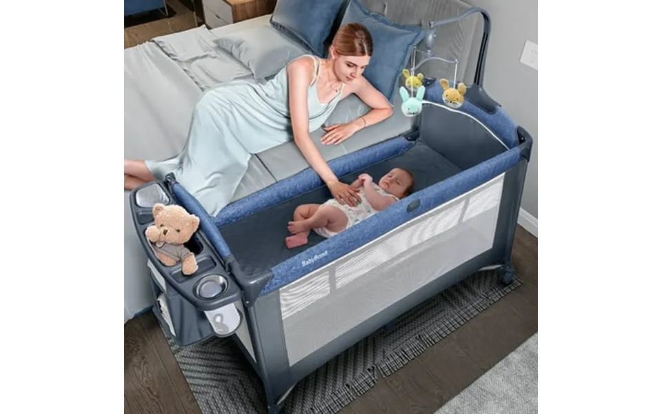 3-in-1 Bedside Bassinet Play Yard & Diaper Changer With Mattress Mosquito Net Diaper Storage Box And Toy Bar Suitable Fo