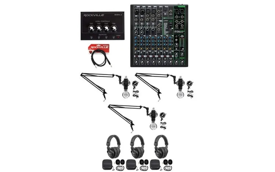 3-person Podcast Podcasting Recording Kit W Mackie Profx10 V3 Mixer Boom Arms