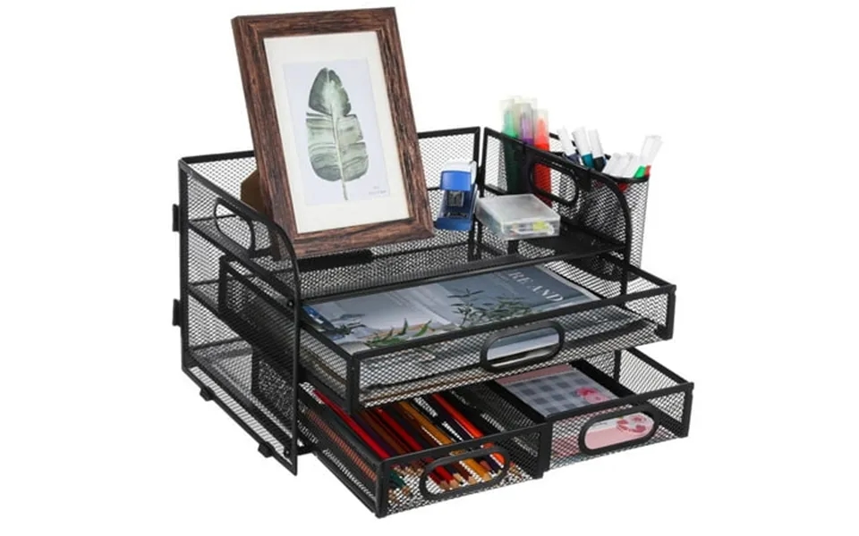 3-tier Desk Organizer With Pen Holders Mesh Desktop Storage For Office Supplies And Magazines Black