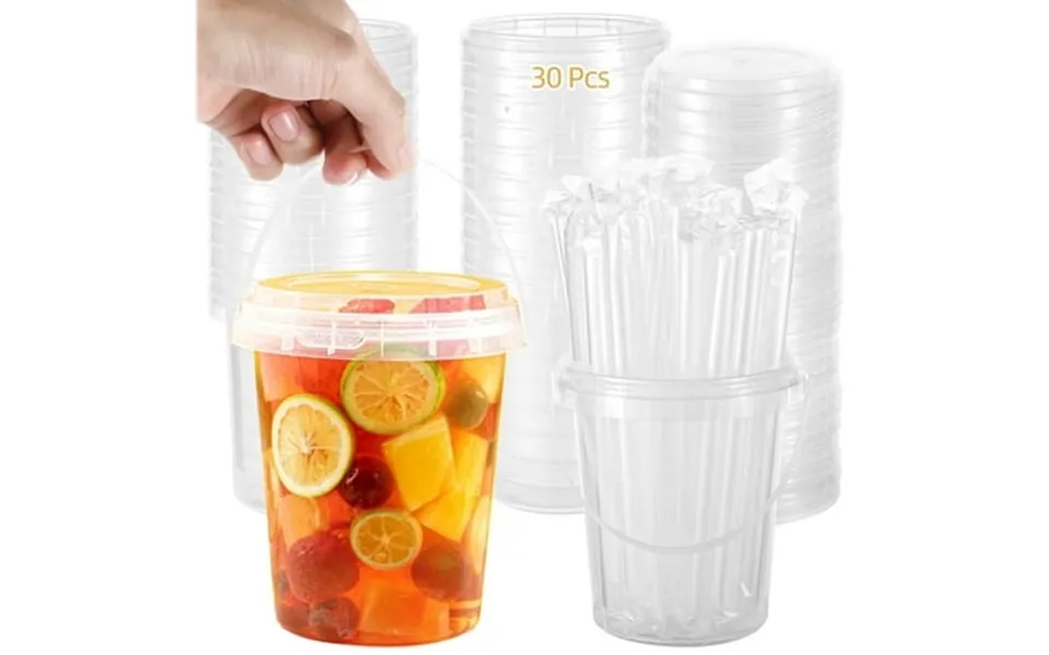30 Pcs 33.8oz 1000ml Fruit Tea Cups With Handles & Straws - Leakproof Reusable Drink Containers Clear Airtight Food Stor
