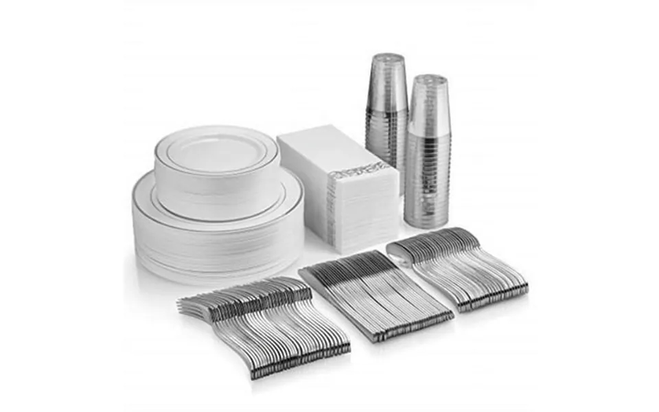 350 Piece Silver Dinnerware Set 100 Silver Plastic Plates 50 Silver Plastic Silverware 50 Silver Plastic Cups 50 Linen L