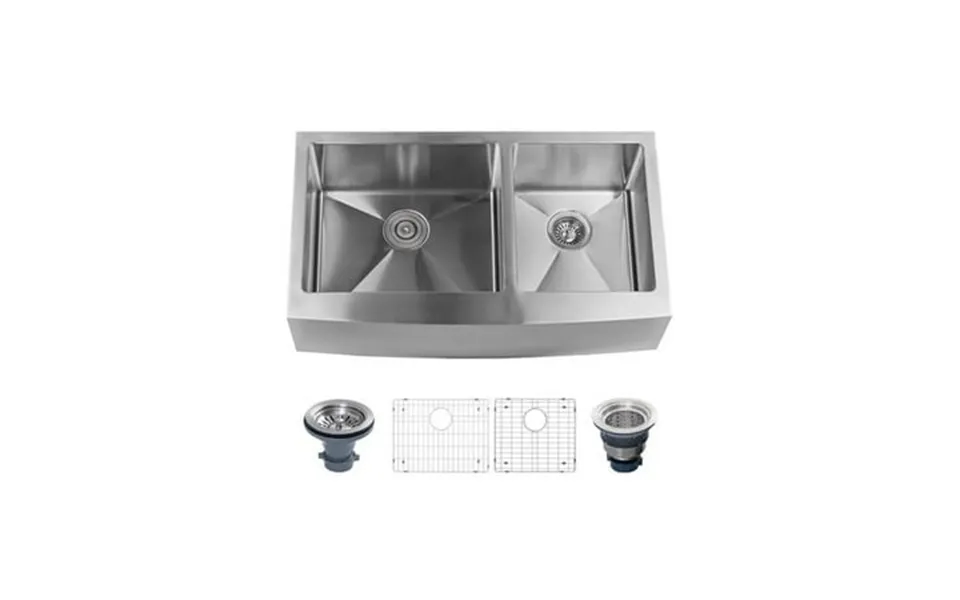 36 In. Farmhouse Double Basin Stainless Steel Kitchen Sink With Apron Front 60-40 Split Drain Assemblies & Fitted Basin