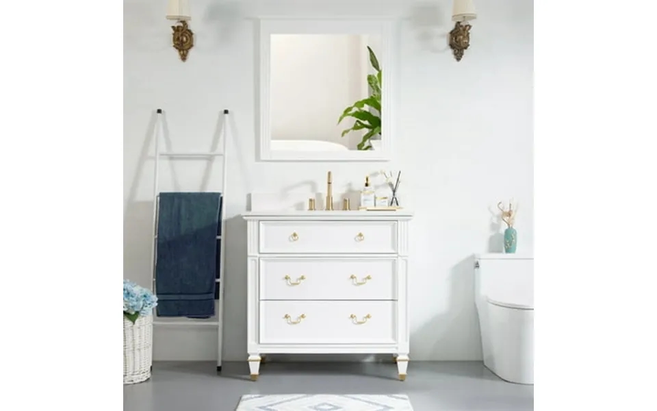 36 Inch Single Sink Solid Wood Bathroom Vanity Carrara White Quartz Countertop With Wall Mirror