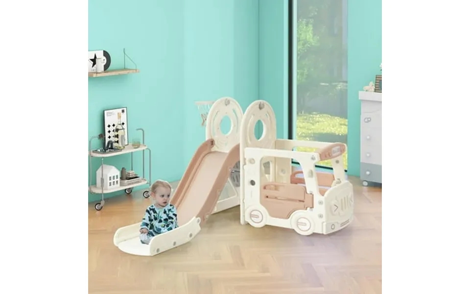 4 In 1 Kids Slide With Freestanding Bus Play Structure Climbing Toys For Toddlers And Kids Ages 1-5 With Foldable Basket