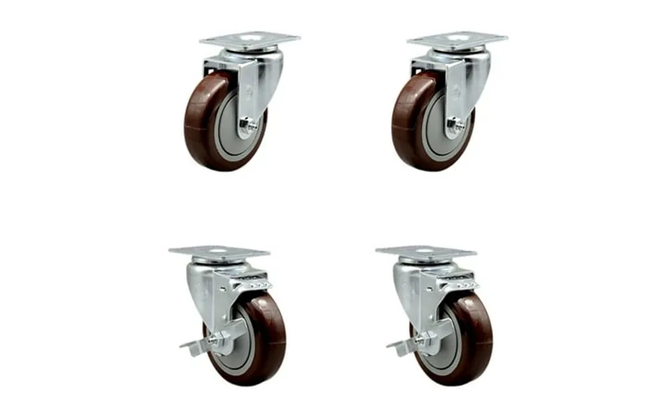 4 Inch Maroon Polyurethane Wheel Swivel Top Plate Caster Set With 2 Brakes Scc