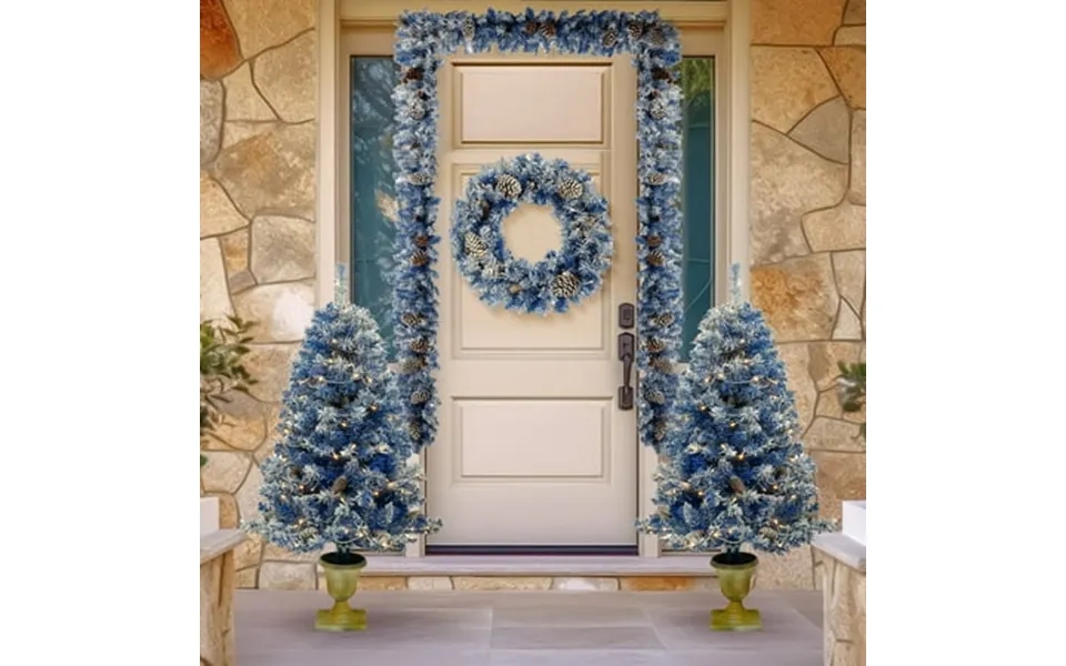 4 Pieces Pre-lit Flocked Christmas Set Garland Wreath Set Of 2 Entrance Trees 4ft Blue Artificial Xmas Tree Set With Lig