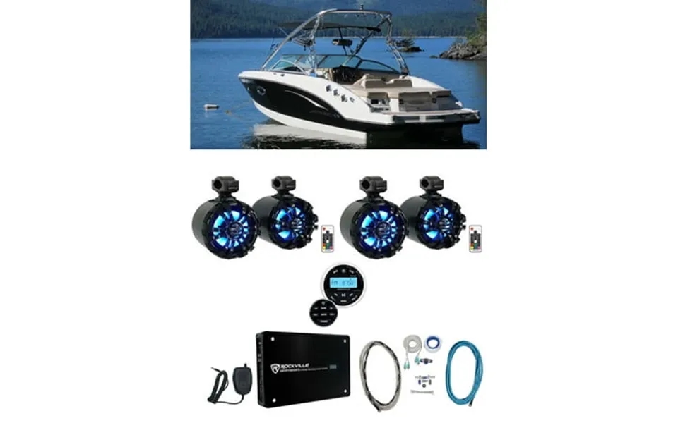 4 Rockville 6.5 Led Swivel Black Marine Wakeboard Speakers Receiver Amp Wires