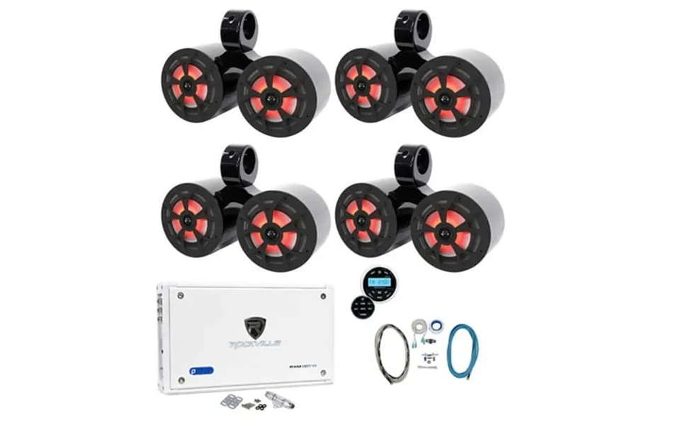 4 Rockville Dual 6.5 Marine Wakeboard Led Speakers Receiver Amplifier Amp Kit