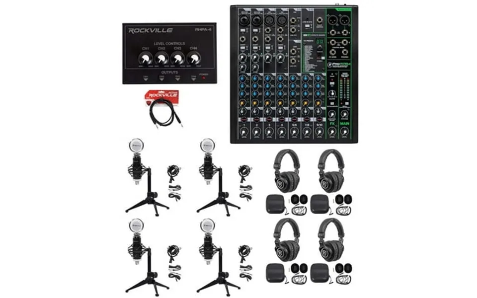 4-person Podcast Podcasting Recording Kit W Mackie Profx10 V3 Mixer Desk Stands