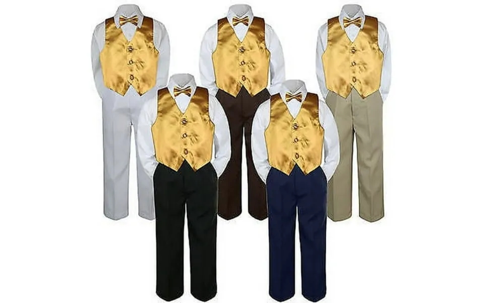 4pc Gold Vest Bow Tie Suit Pants Set Baby Boy Toddler Kid Uniform S-7