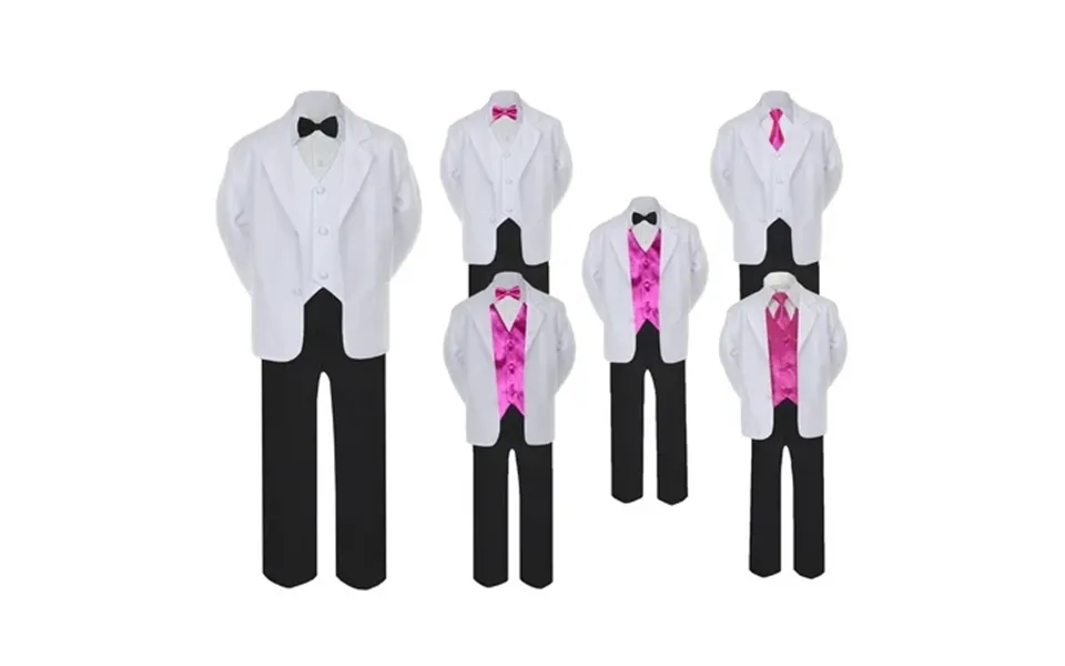 5-7pc Formal Black White Suit Set Fuchsia Bow Necktie Vest Boy Baby Sm-20 Teen
