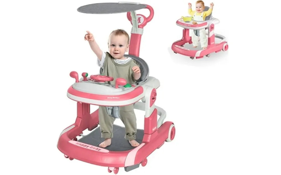 5 In 1 Folding Baby Walker Adjustable Height & Speed Kids Baby Walker With Wheels & Music Toys For Girls Boys Pink