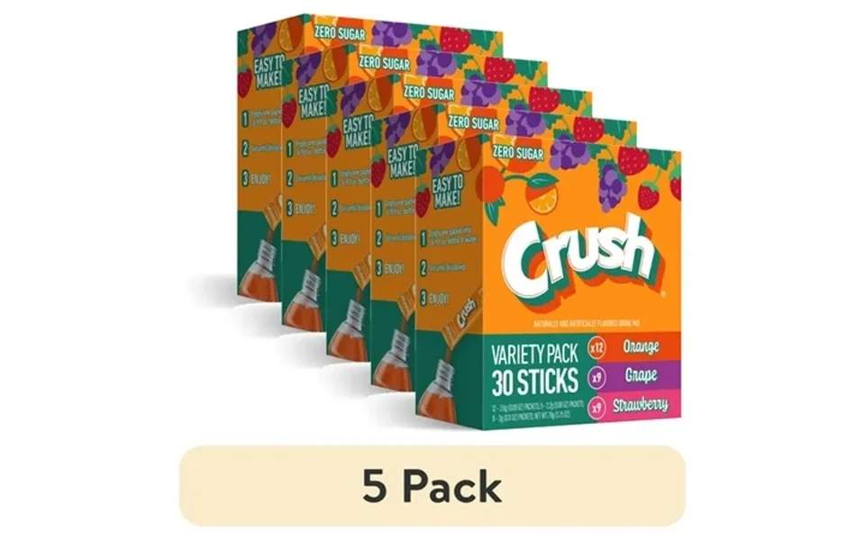5 Pack Crush Powdered Drink Mix Variety Pack Orange Grape & Strawberry Sugar-free 30-count