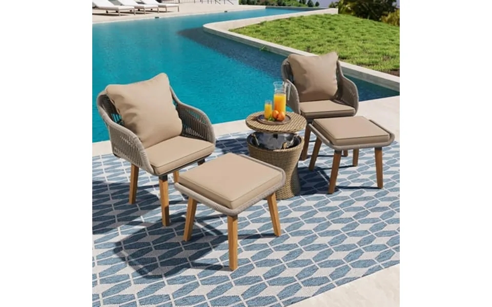 5 Pcs Outdoor Rattan Furniture Set Patio Lounge Chairs With Storage Ottoman Footrest All Weather Cushioned Outside Secti
