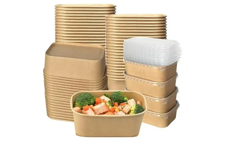 50 Pack Kraft Paper Food Container 25 Oz Disposable Salad Bowls With Lids Oil-proof Rectangular Soup Bowls For Meal Prep