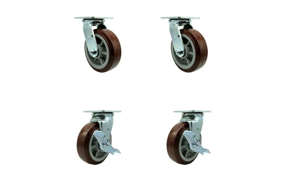 6 Inch Polyurethane Swivel Caster Set With Roller Bearings 2 Brakes Scc