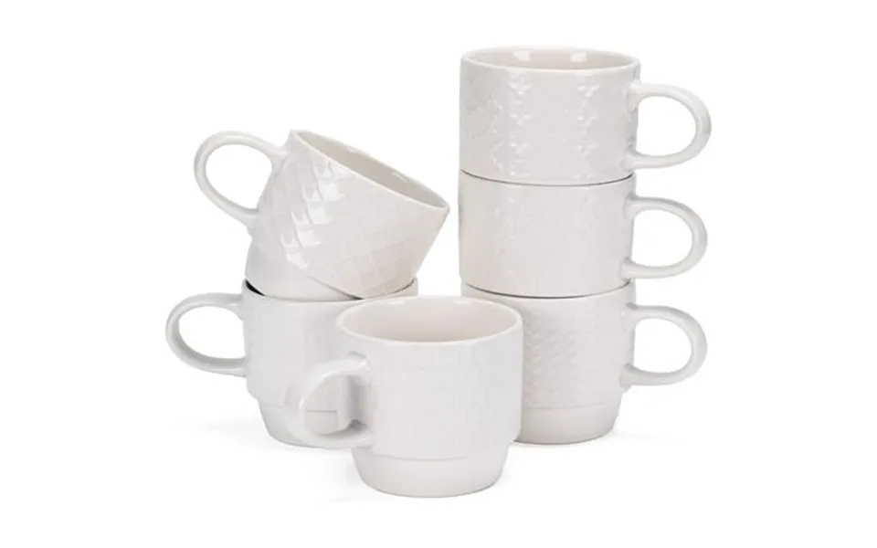 6 Pack 10 Oz White Ceramic Coffee Mugs Stylish Embossed Coffee Cups Set For Coffee Tea Cocoa Milk Cereal For Mother Gift