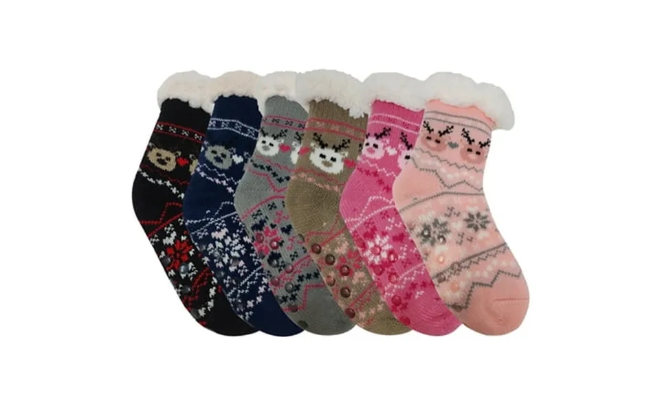 6 Pairs Pack Kids Girls Boys Sherpa Fleece Lined Home Non Skid Reindeers Slippers Socks Christmas Stocking With Gripper
