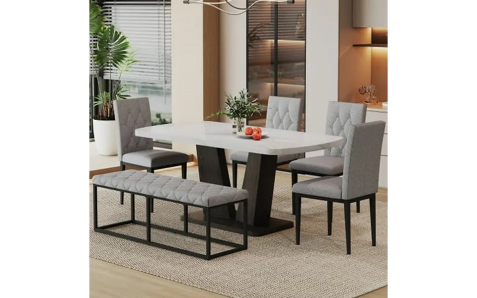 63 Modern Style 6-piece Dining Table With 4 Chairs And 1 Bench Table With Marbled Veneers Tabletop And V-shaped Table Le