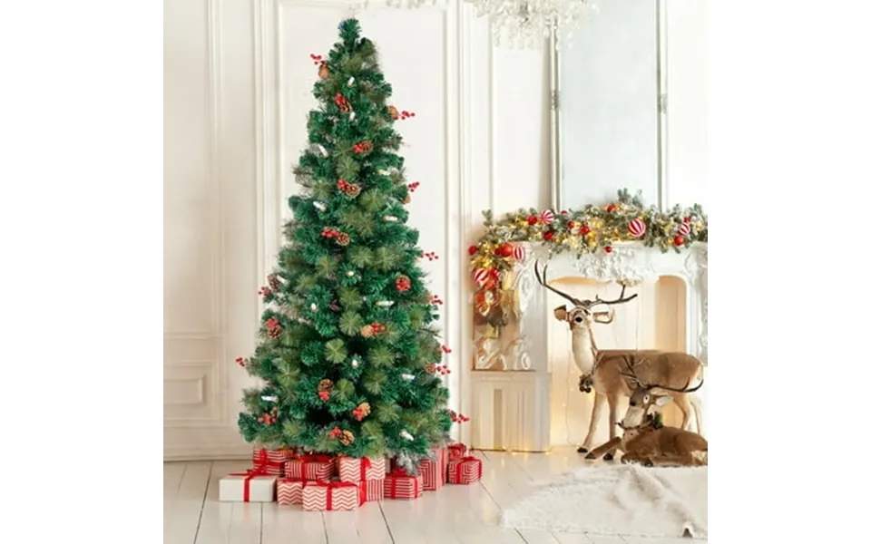 6.5ft Green Christmas Tree Pre-lit Artificial Xmas Tree With Colorful Candle Lights Hinged Quick Diy Design Pinecone And