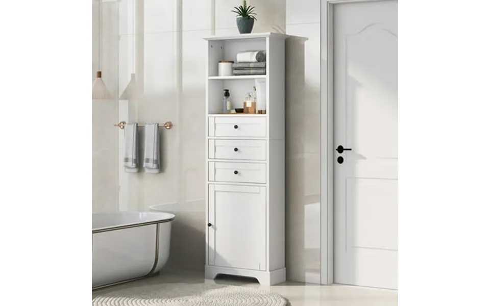 68 Tall Wooden Storage Cabinet White Bathroom Storage Cabinet Freestanding With 3 Drawers A Cabinet And 2 Open Shelves K