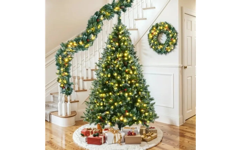 6ft Dark Green Pine Christmas Tree Pre-lit Set With Tree & Garland & Wreath Hinged Artificial Xmas Tree With White Tips