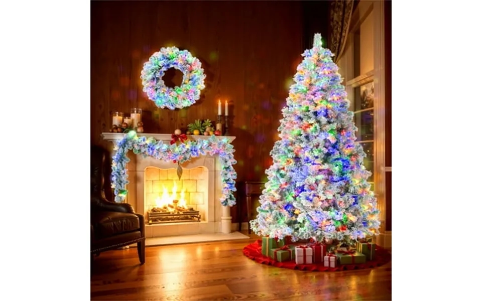 6ft Snow Flocked Christmas Tree Pre-lit Tree With Garland & Wreath Artificial Xmas Pine Tree W 350 Lights 8 Lighting Mod
