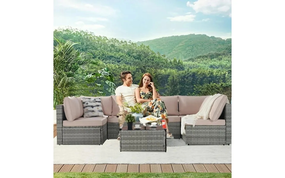 7 Piece Outdoor Bistro Wicker Sectional Conversation Sets All-weather Patio Rattan Furniture Sets With Seat Cushions & G