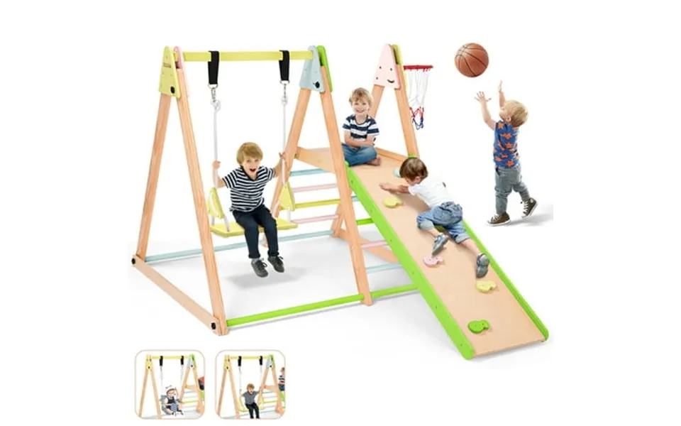7-in-1 Toddlers Triangle Climbing Toys Set With 2 Swings Foldable Wood Montessori Climber Kids Indoor Outdoor Playground