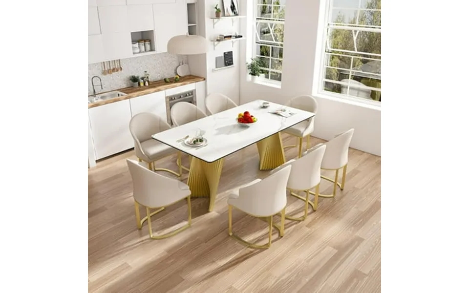 70.9 Sintered Stone Dining Table Set W Steel Base & 8 Chairs 12mm Thick Rectangular Kitchen Table